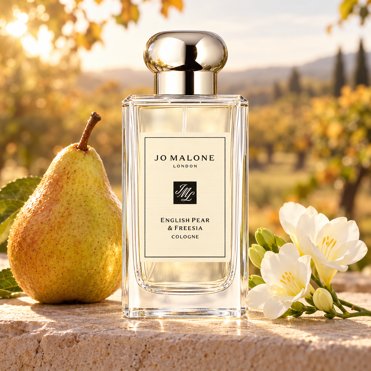 Jo Malone London English Pear & Freesia bottle beside a ripe pear and white freesias on sunlit stone overlooking an autumn orchard.