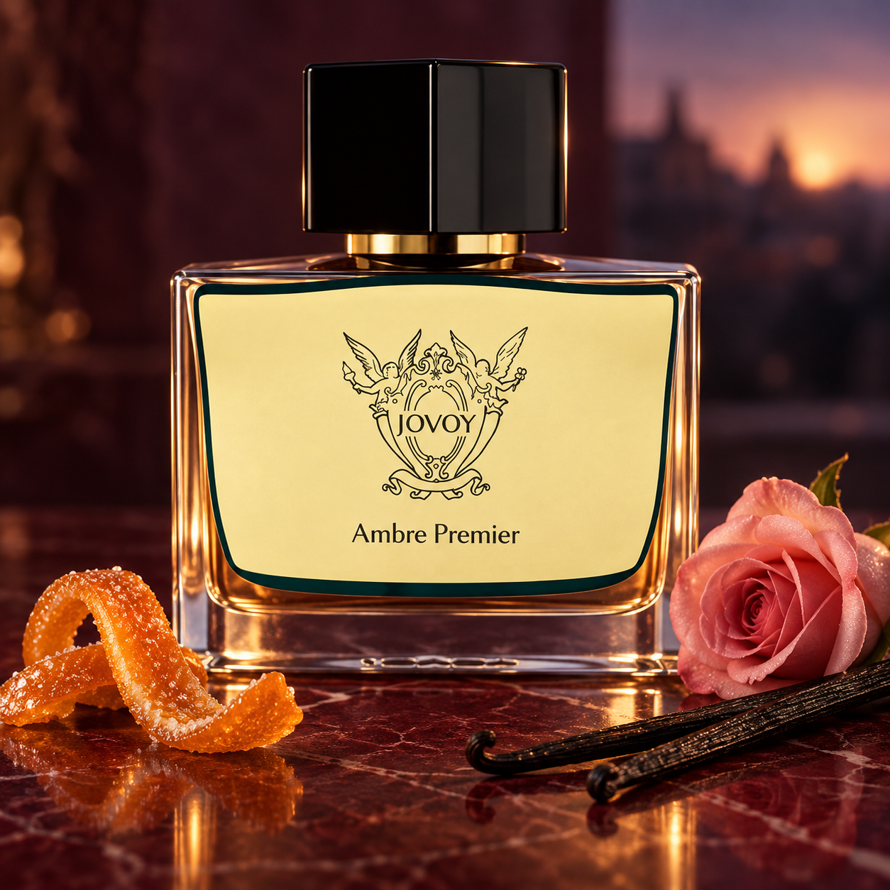 Jovoy Paris Ambre Premier on burgundy marble with candied orange peel, a pink rose, and vanilla pods against a softly blurred dawn glow.