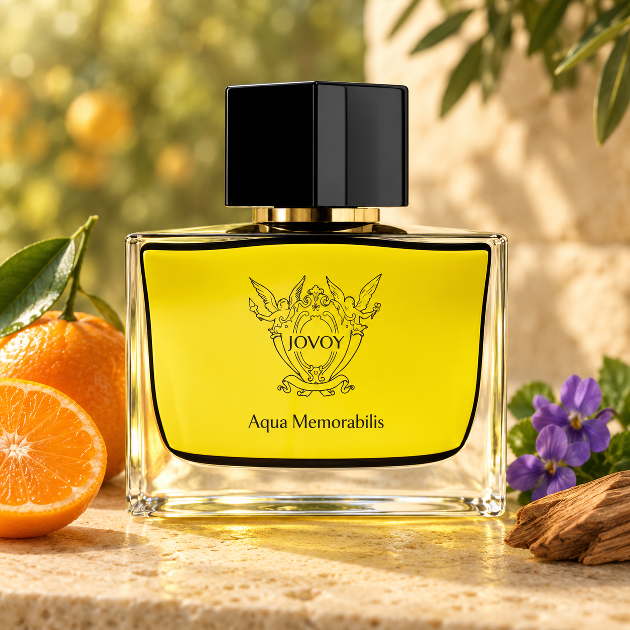 Jovoy Paris Aqua Memorabilis on sunlit limestone beside fresh clementines, purple violets, and cedarwood, with softly blurred green foliage behind it.