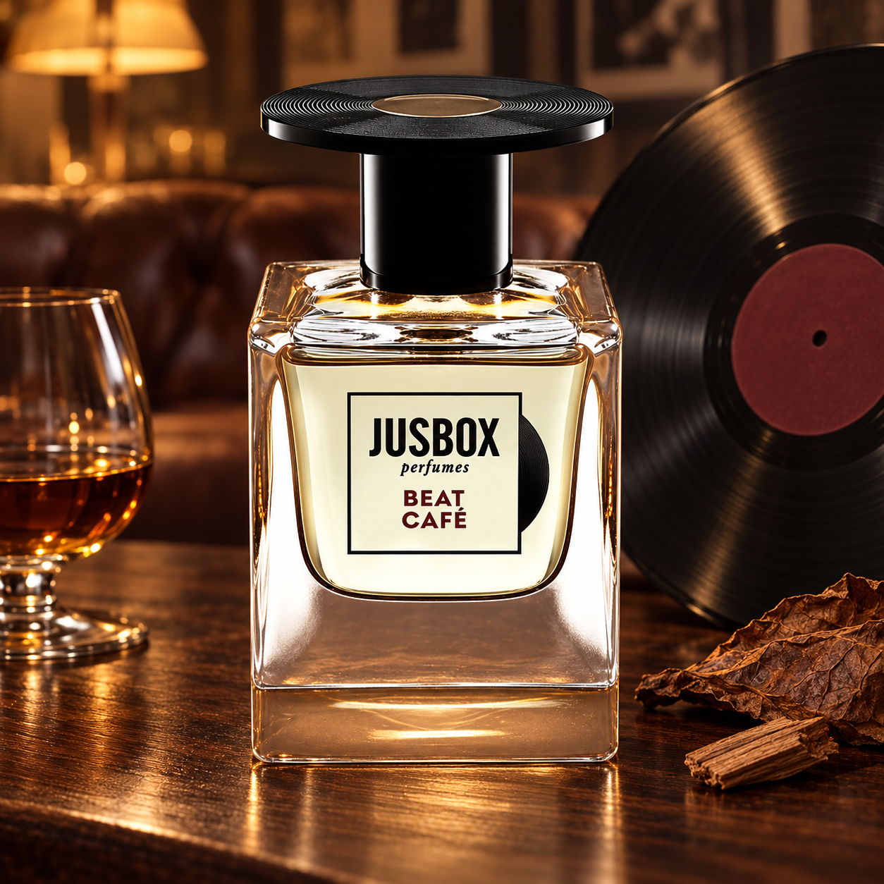 Jusbox Beat Café on dark wood beside cognac, tobacco, cedarwood, and a black vinyl record, with a leather couch in warm café light.
