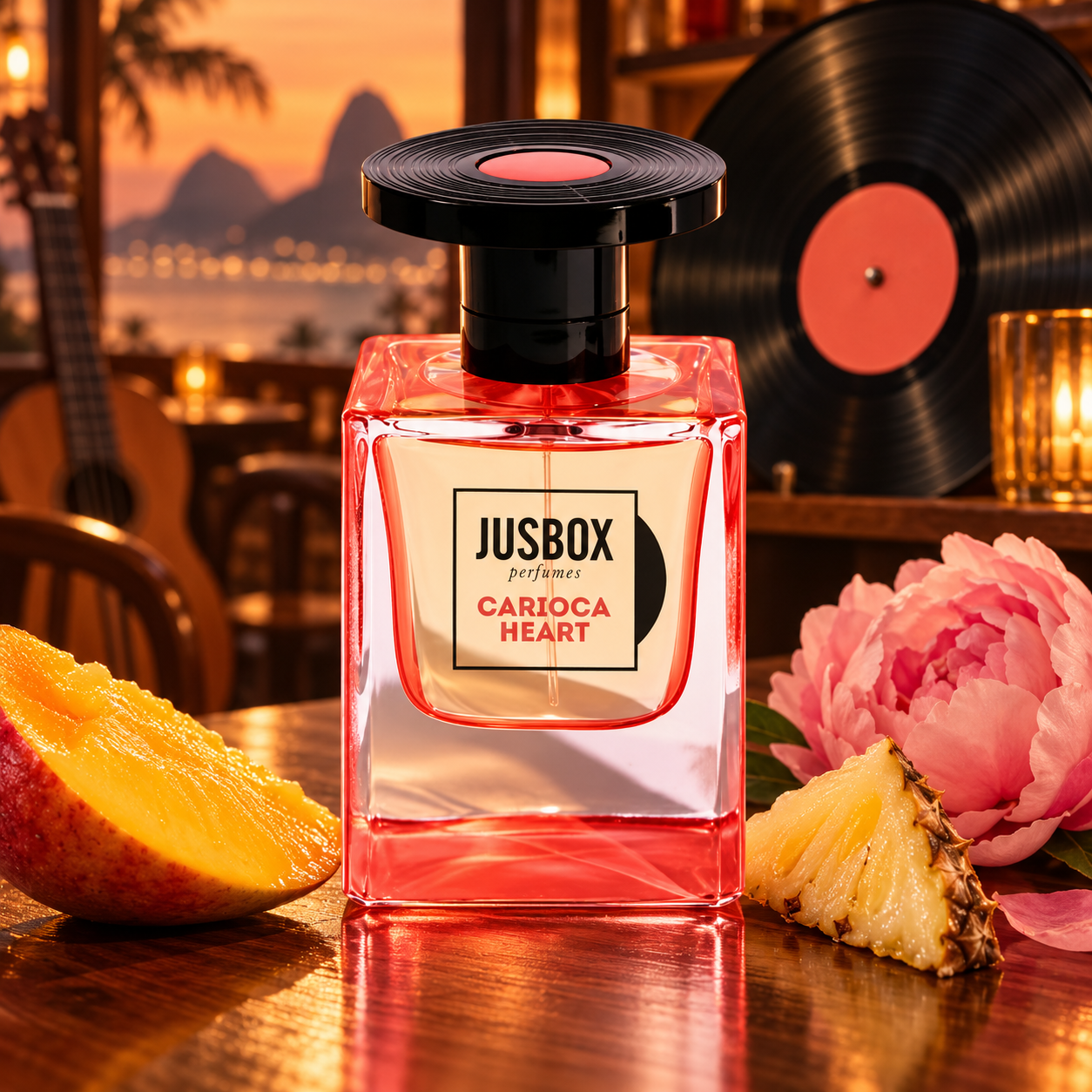 usbox Carioca Heart with mango, pineapple, and peony in a warmly lit lounge, with a vinyl record and guitar in the background.
