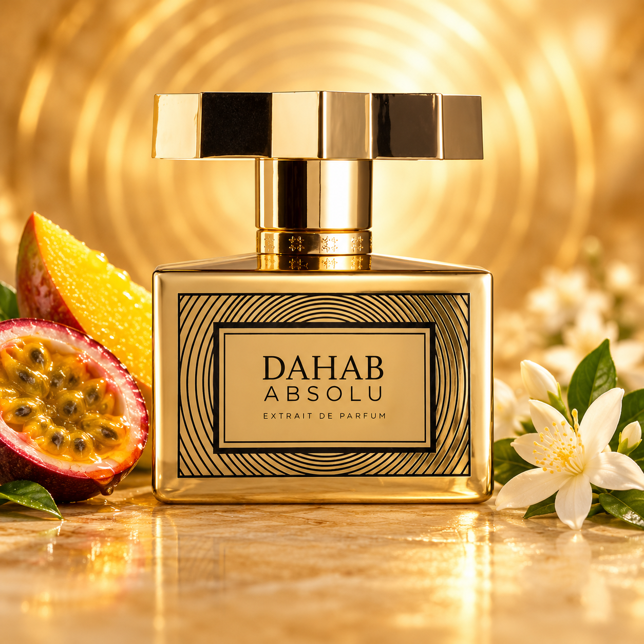 Kajal Dahab Absolu perfume with passion fruit, mango, and white blossoms on golden stone.