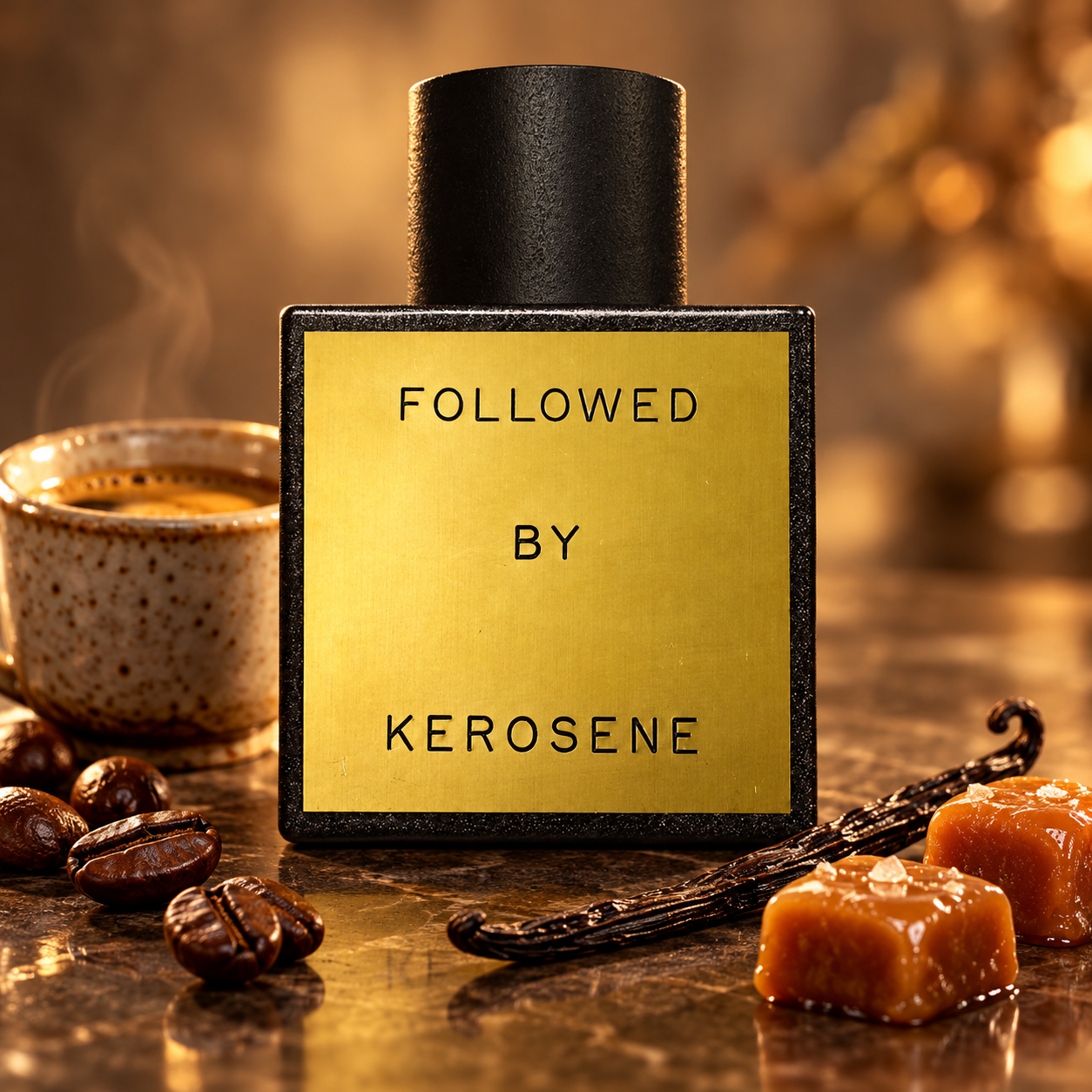 Kerosene Followed perfume beside espresso, coffee beans, caramel pieces, and vanilla pods in warm amber light.