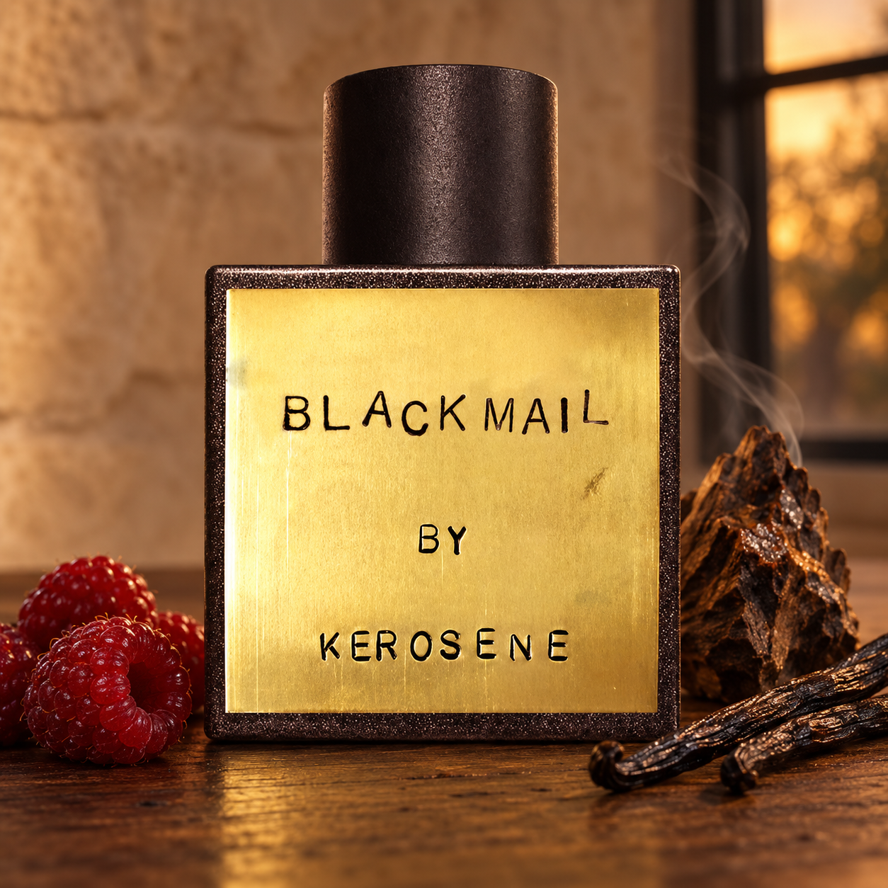 Kerosene Blackmail on dark wood beside raspberries, vanilla pods, and smoky oud wood, illuminated by warm evening window light.