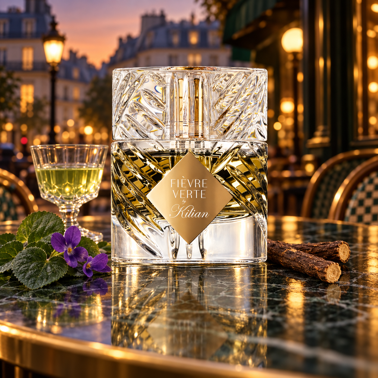 Kilian Fievre Verte on a Parisian cafe table at dusk with an absinthe glass, violets and licorice roots in warm lamplight.
