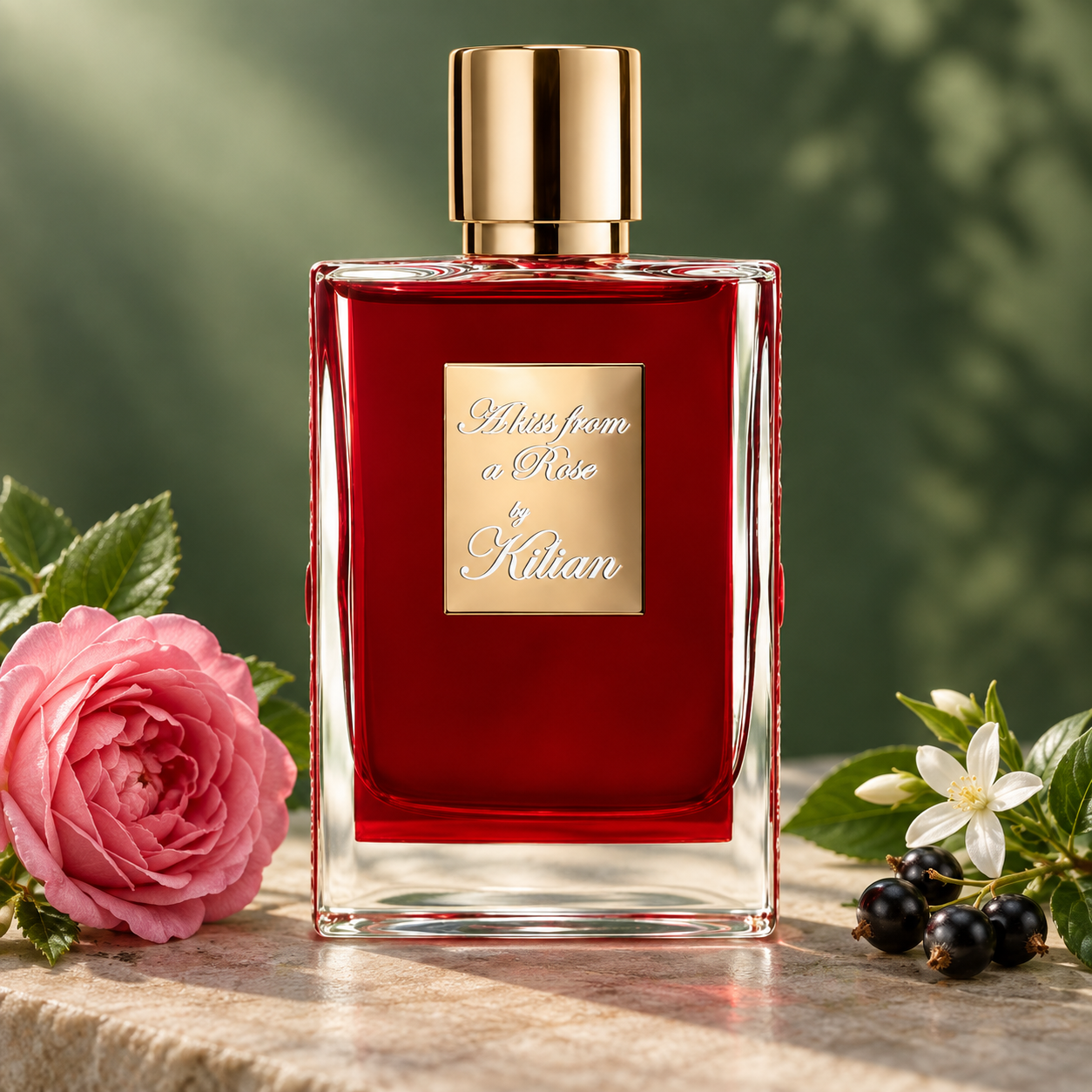 Ruby-red Kilian A Kiss from a Rose bottle beside a pink rose, jasmine, and blackcurrants against a softly blurred green backdrop.
