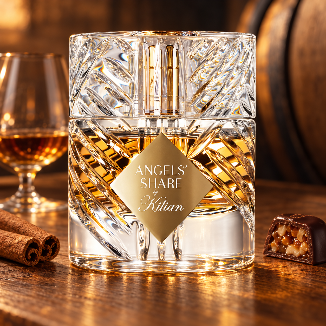 Kilian Angels’ Share on warm oak beside cinnamon, a praline chocolate, and a cognac glass, with an oak barrel softly blurred behind.