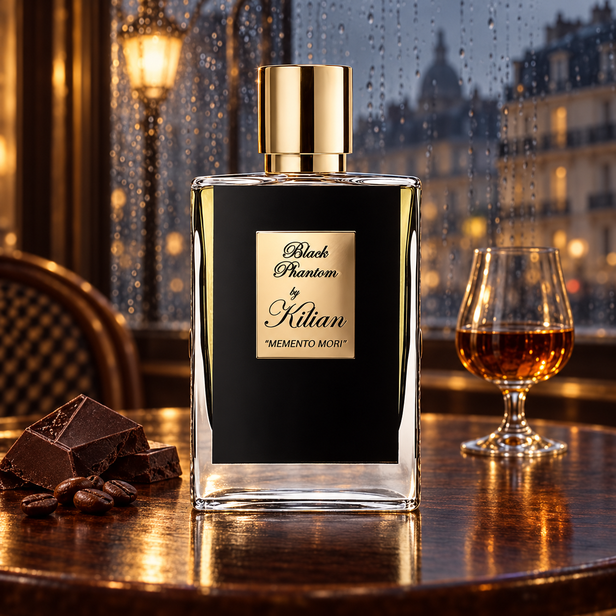 Kilian Black Phantom on a polished café table with dark chocolate, coffee beans, and a glass of rum beside a rain-streaked Parisian window.