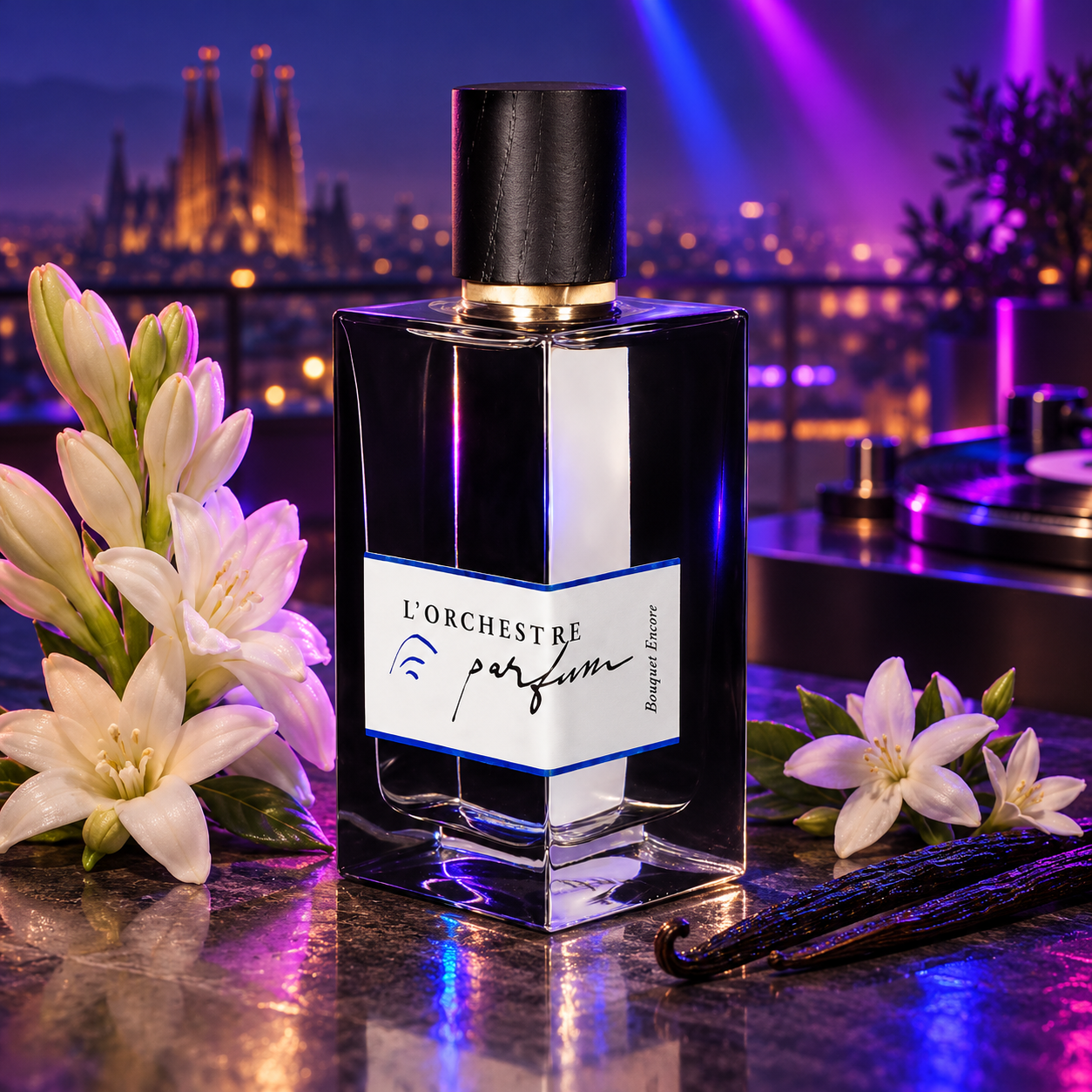 L’Orchestre Parfum Bouquet Encore with white flowers and vanilla pods under violet club lighting, overlooking Barcelona beside a turntable.