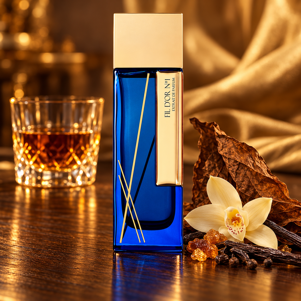 Laurent Mazzone Fil d’Or No. 1 perfume with amber rum, a tobacco leaf, and a cream orchid on dark wood in golden light.