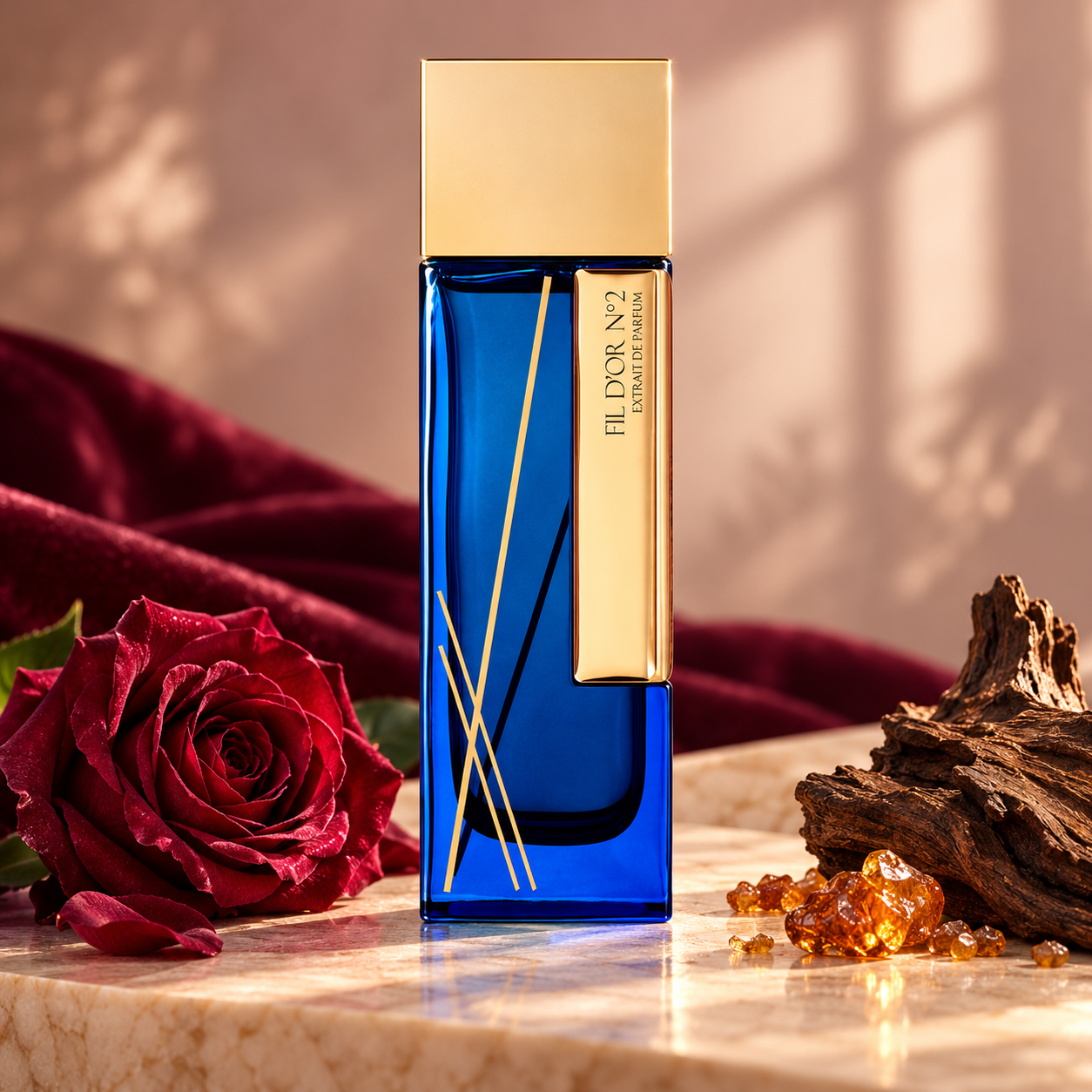 Laurent Mazzone Fil d’Or No. 2 perfume with a red rose, oud wood, and myrrh resin beside burgundy velvet.