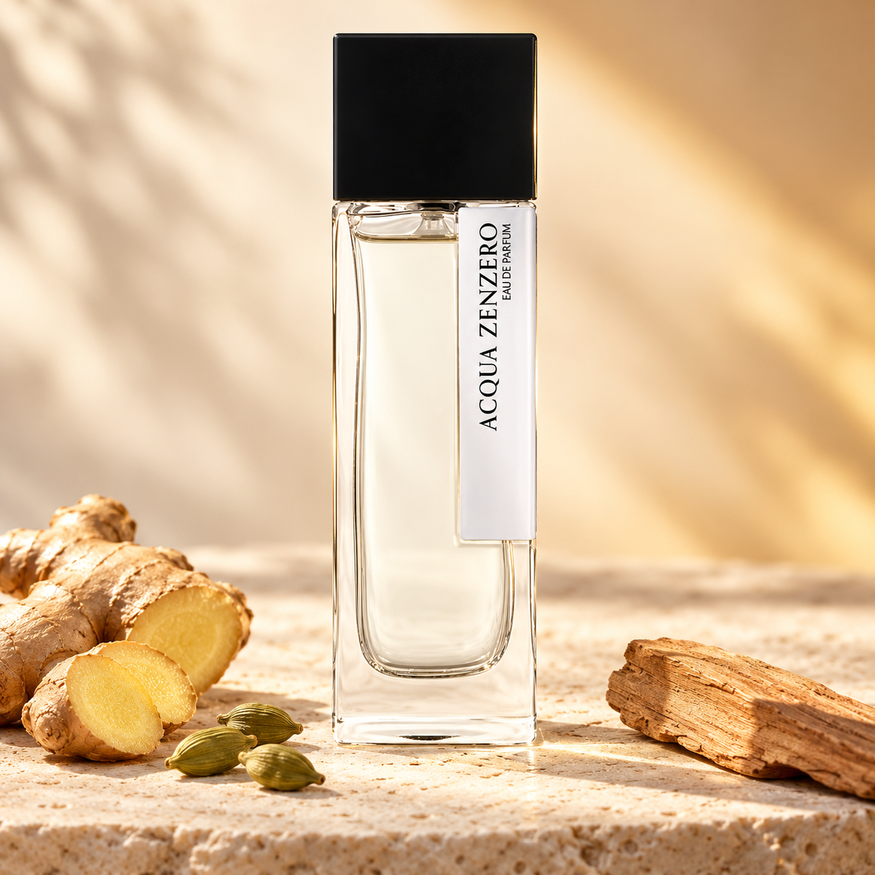 Laurent Mazzone Acqua Zenzero on pale limestone beside fresh ginger, green cardamom pods, and sandalwood in warm golden light.