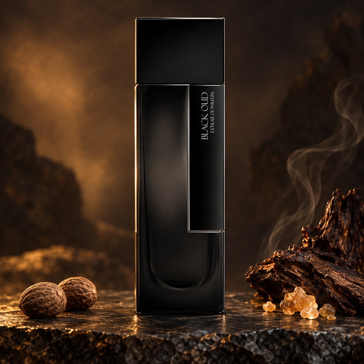 Laurent Mazzone Black Oud on dark stone beside nutmeg, oud wood, and golden incense resin, with curling smoke and warm bronze lighting.