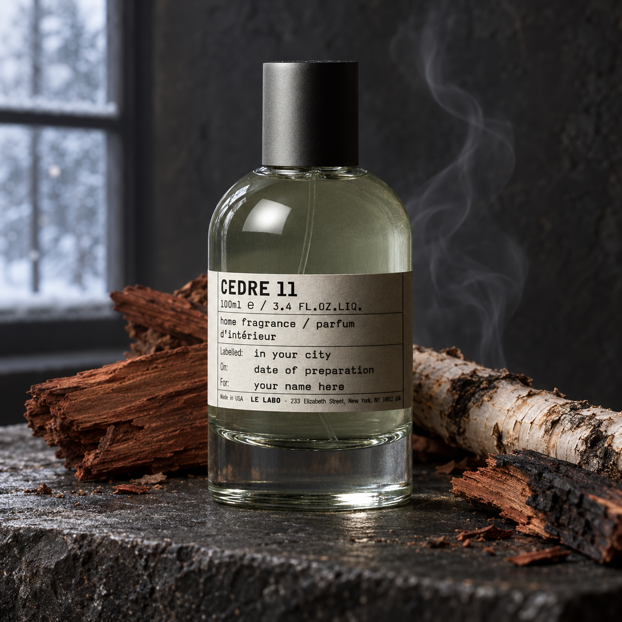 Le Labo CEDRE 11 home fragrance bottle surrounded by cedar and birchwood on dark stone, with wisps of smoke and cool winter window light.