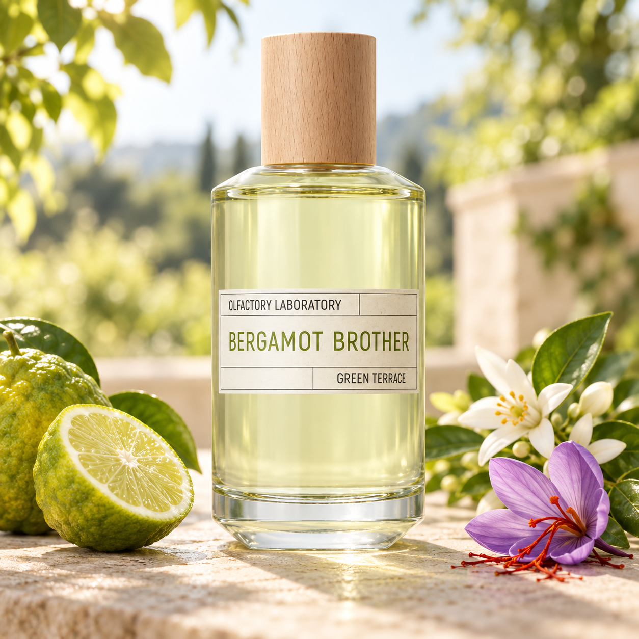 Les Liquides Imaginaires Bergamot Brother beside cut bergamot, orange blossoms, and a purple saffron crocus on a sunlit stone terrace.