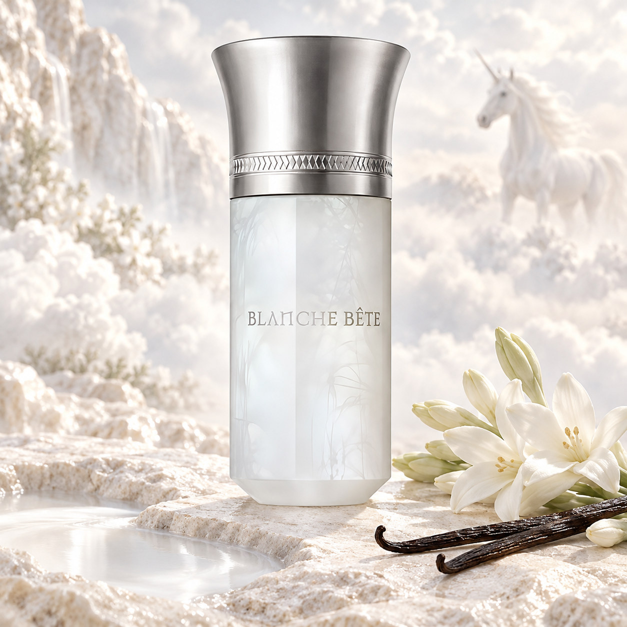 Blanche Bête on ivory stone beside a pool of milk, white tuberose, and vanilla pods, with a white unicorn emerging from luminous clouds.