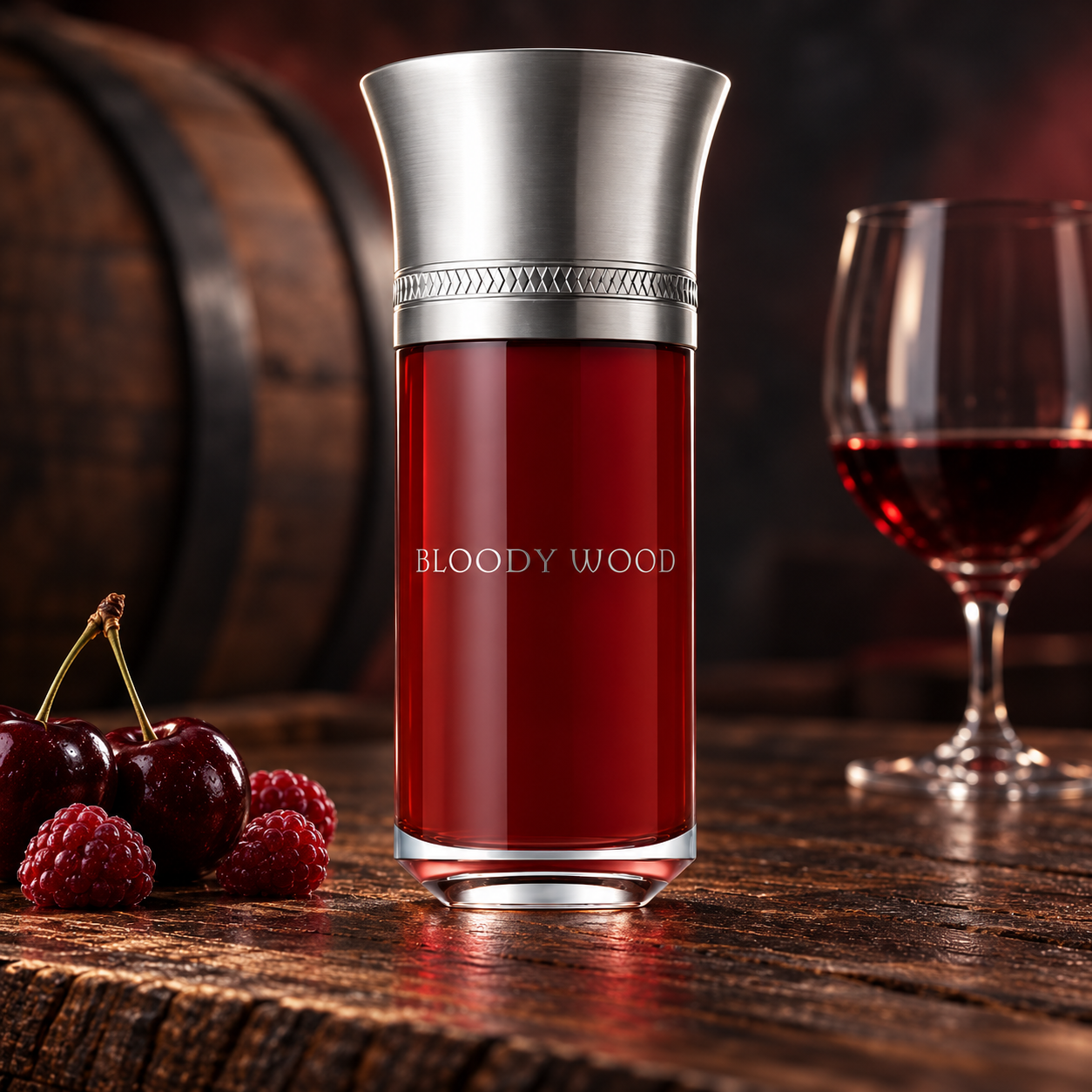 Bloody Wood on dark oak beside cherries, raspberries, and a glass of red wine, with a softly blurred wine barrel behind it.