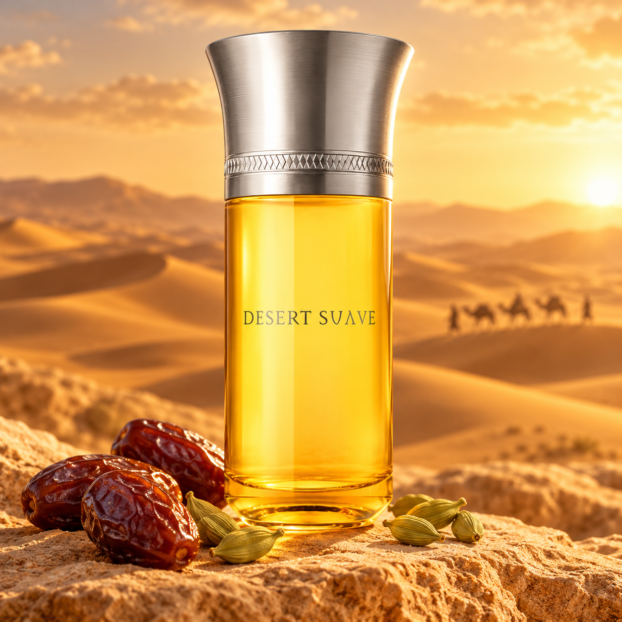 Liquides Imaginaires Desert Suave bottle with dates and cardamom on sandstone above golden dunes and a distant caravan.