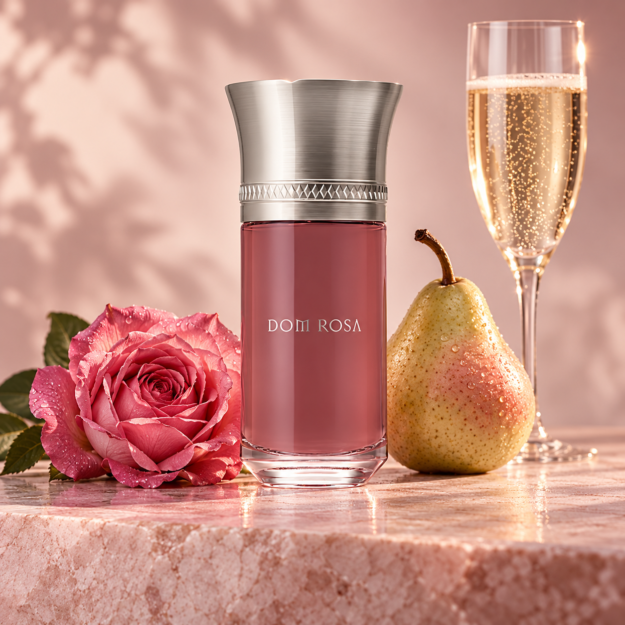 Liquides Imaginaires Dom Rosa bottle with a pink rose, whole pear and champagne flute on blush stone in soft light.
