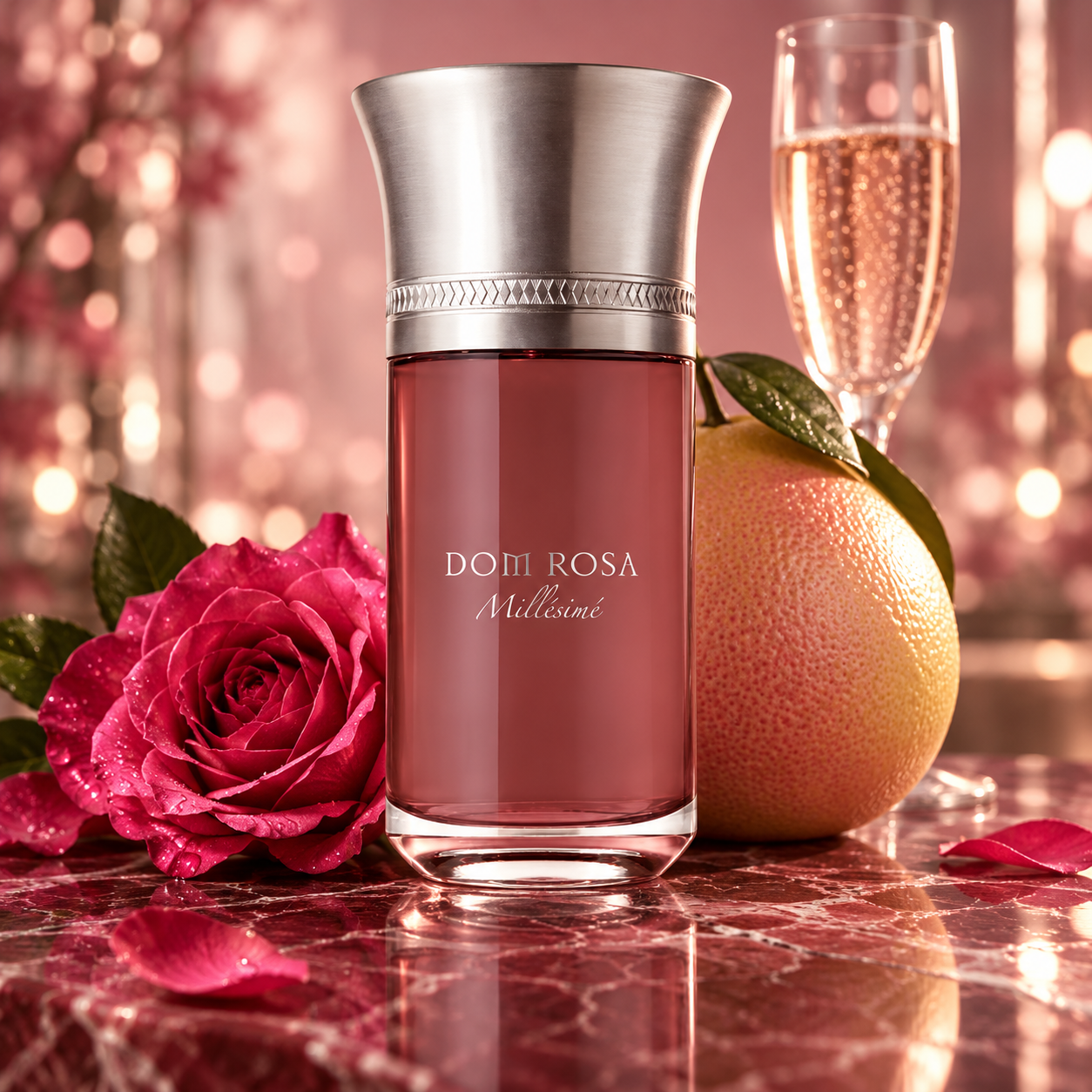 Liquides Imaginaires Dom Rosa Millésimé bottle with a rose, whole pomelo and champagne flute on rose marble in warm light.