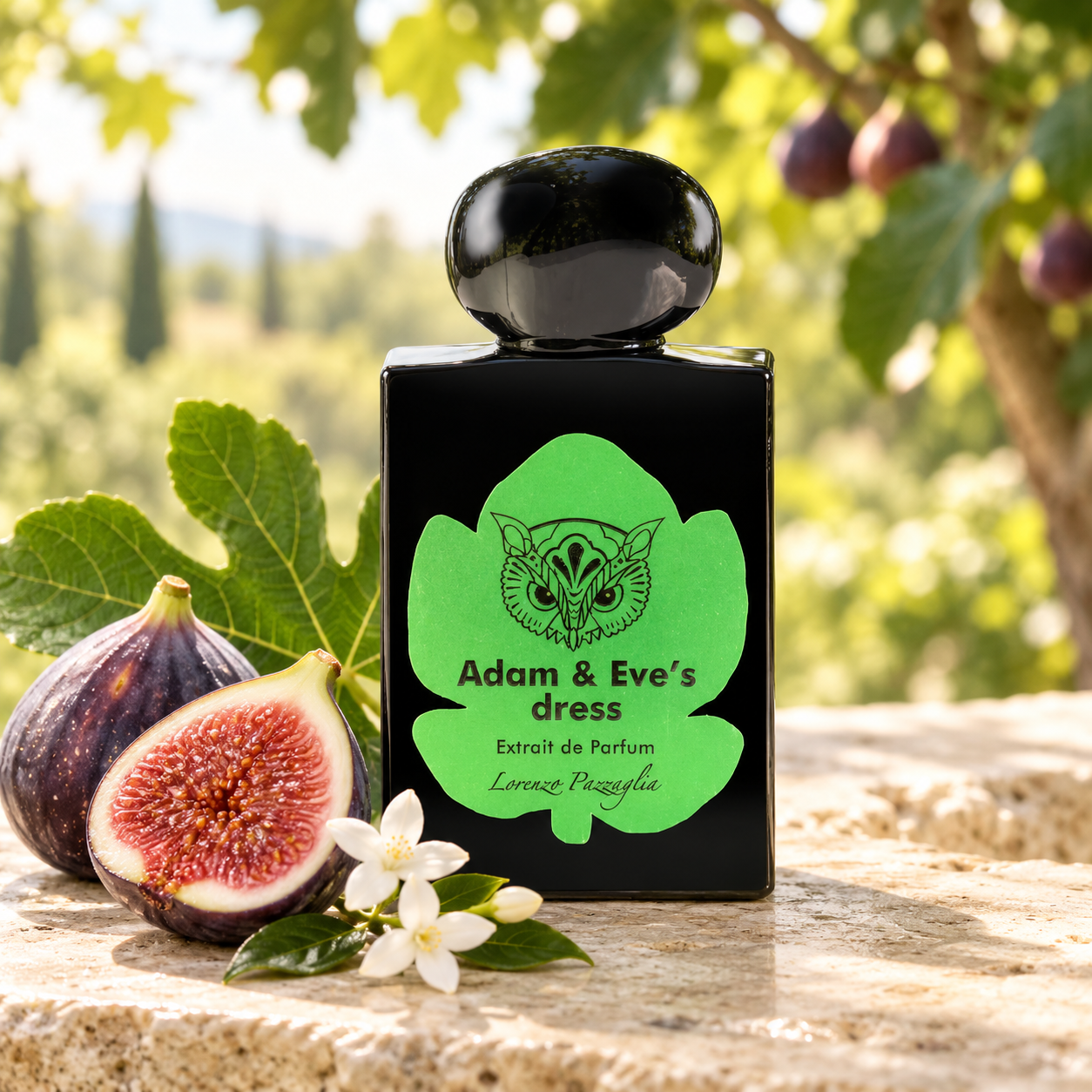 Lorenzo Pazzaglia Adam & Eve’s Dress beside ripe figs, a green fig leaf, and jasmine flowers in a softly sunlit garden.