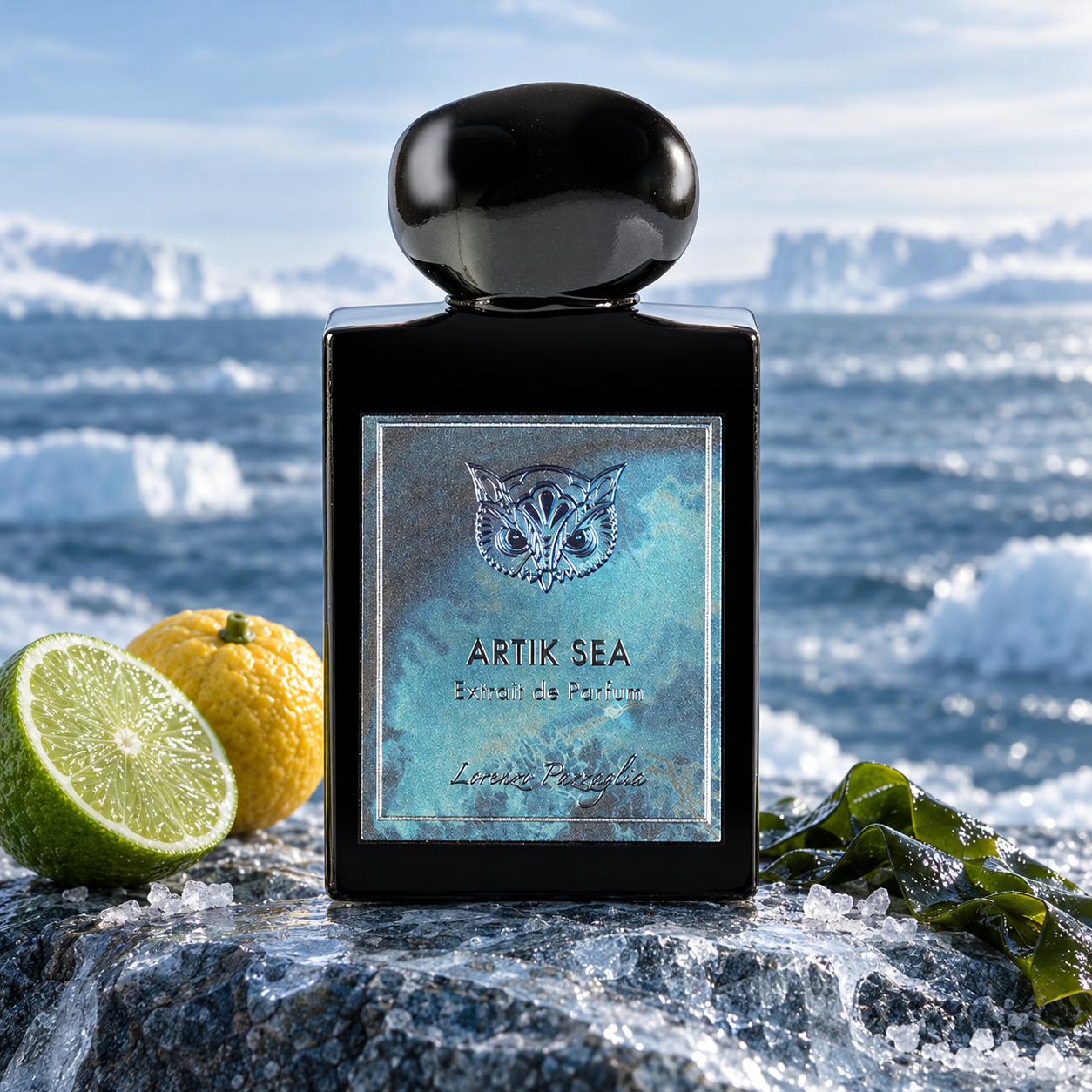 orenzo Pazzaglia Artik Sea on icy coastal rock beside lime, yuzu, and seaweed, overlooking cold blue water and distant ice shelves.