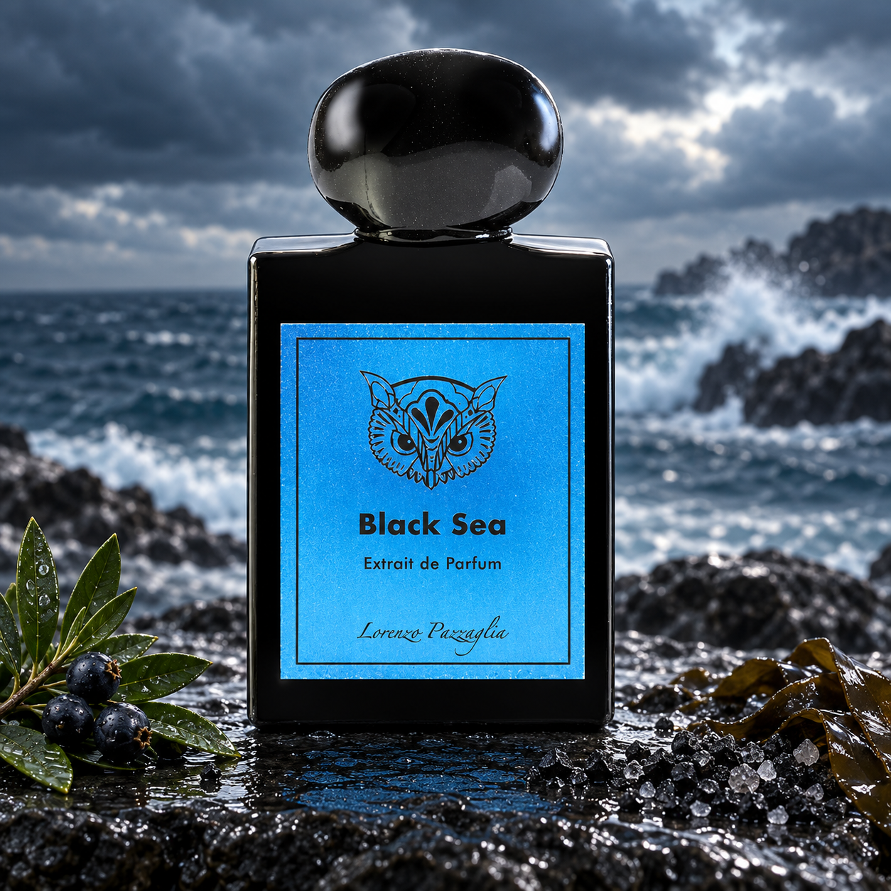Lorenzo Pazzaglia Black Sea on wet coastal rock with myrtle, black salt, and seaweed, against breaking waves and a stormy sky.
