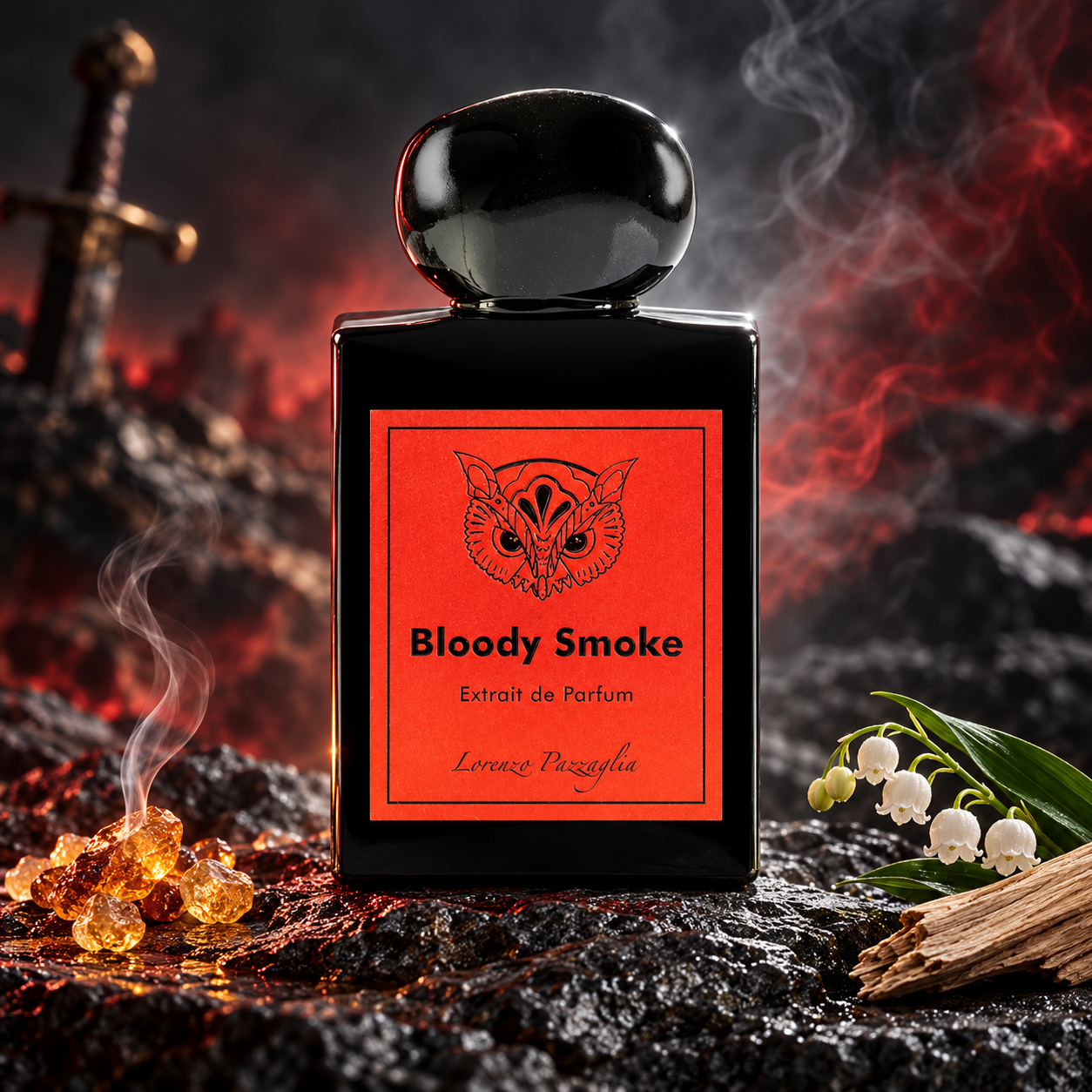 Lorenzo Pazzaglia Bloody Smoke on dark rock with incense resin, lily-of-the-valley, and sandalwood, surrounded by crimson-lit smoke and a blurred sword.