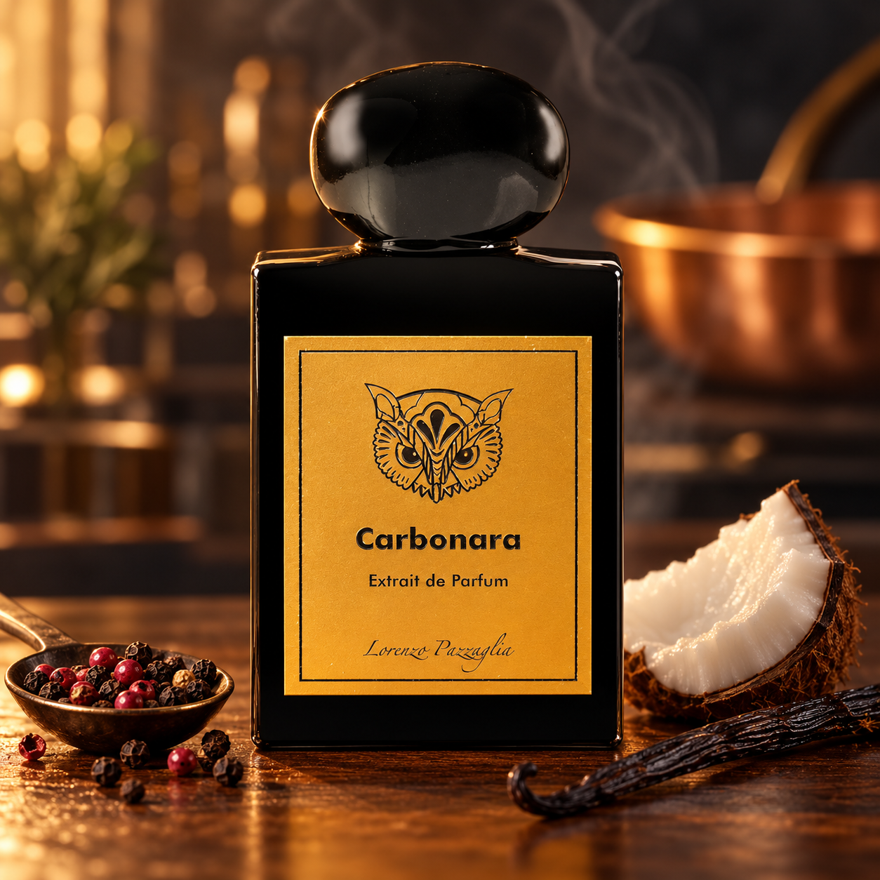 Lorenzo Pazzaglia Carbonara with peppercorns, coconut, and vanilla on a warm wooden counter, with copper cookware softly blurred behind it.