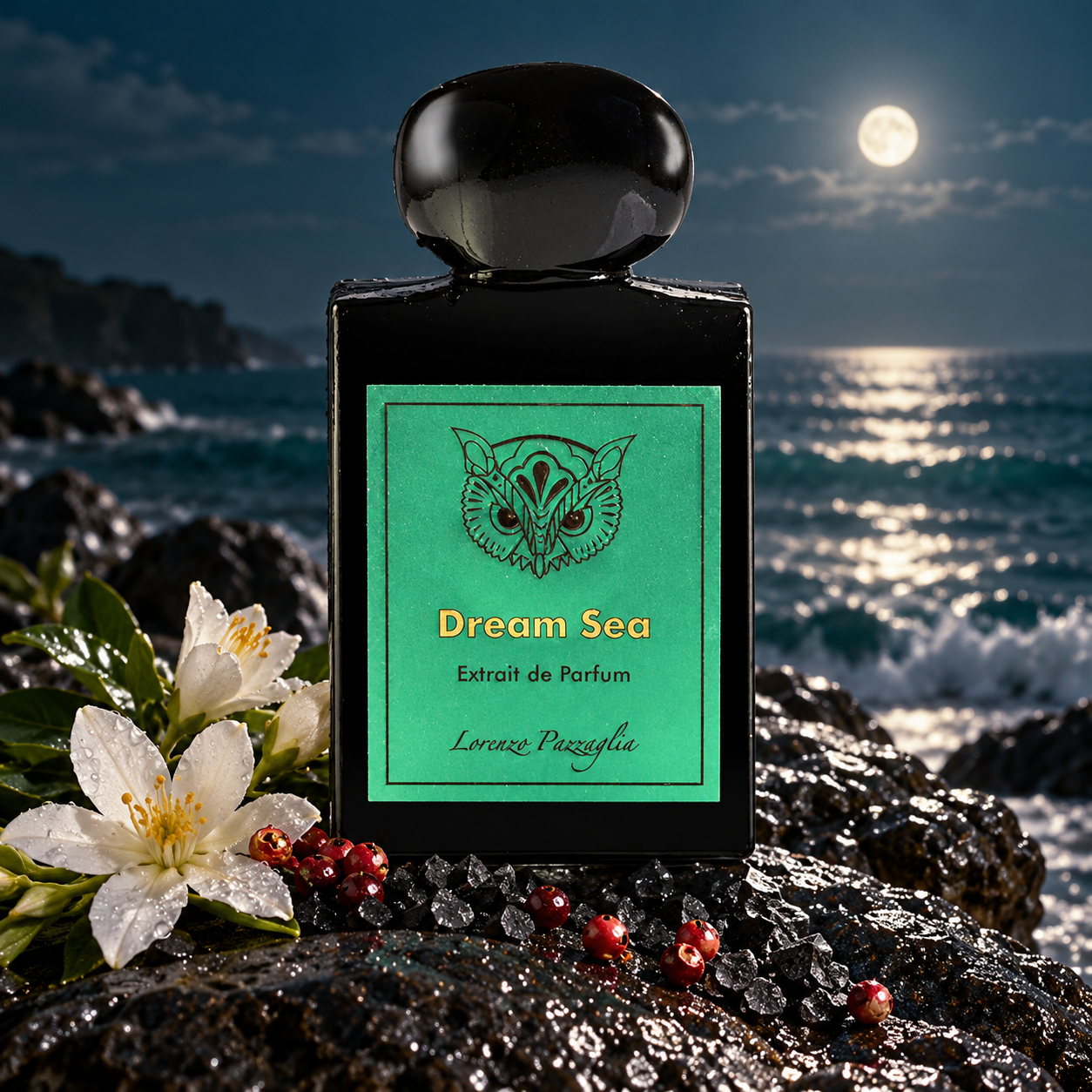 Lorenzo Pazzaglia Dream Sea bottle with white flowers, pink pepper and black salt on wet coastal rock beside a moonlit sea.