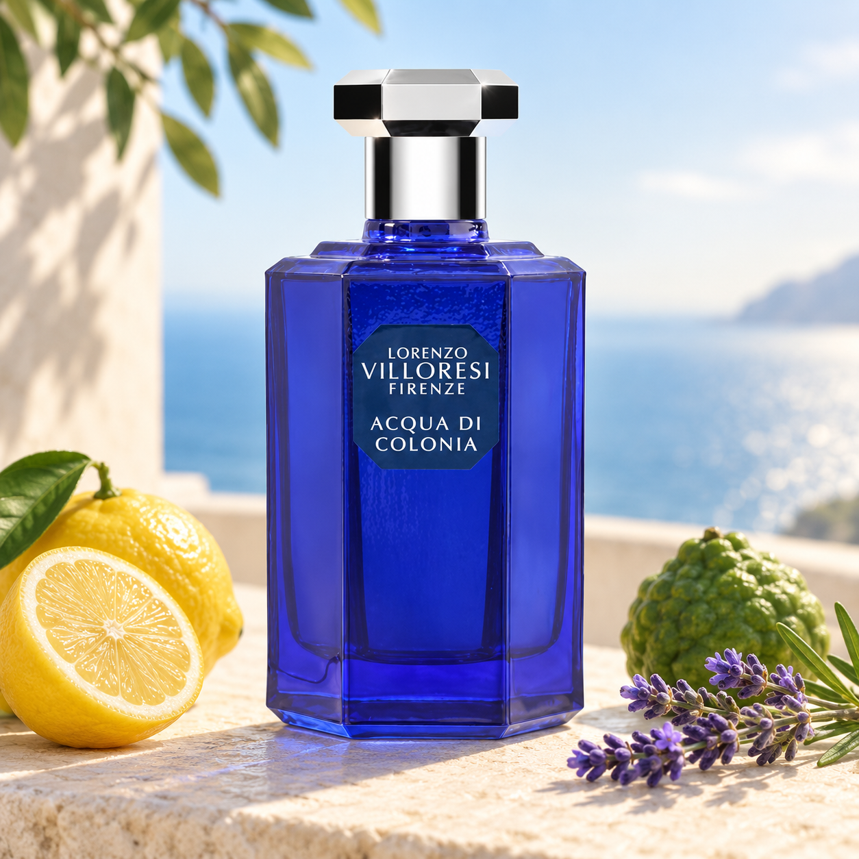 Lorenzo Villoresi Acqua di Colonia cobalt bottle beside lemon, bergamot, and lavender on a sunlit stone terrace overlooking the sea.
