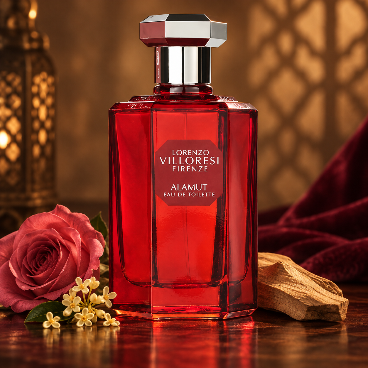 Lorenzo Villoresi Alamut’s ruby-red bottle beside a dusky rose, golden osmanthus blossoms, and sandalwood, with burgundy velvet and warm lattice shadows behind it.