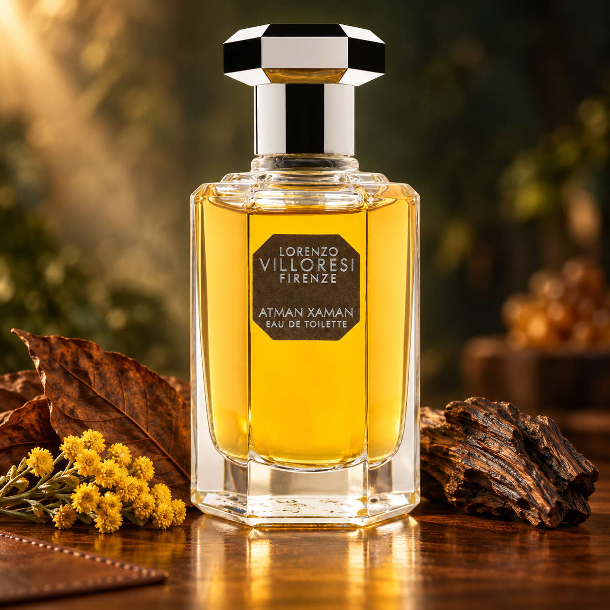 Lorenzo Villoresi Atman Xaman on polished wood beside tobacco leaf, golden immortelle, and dark wood, illuminated by warm amber light.