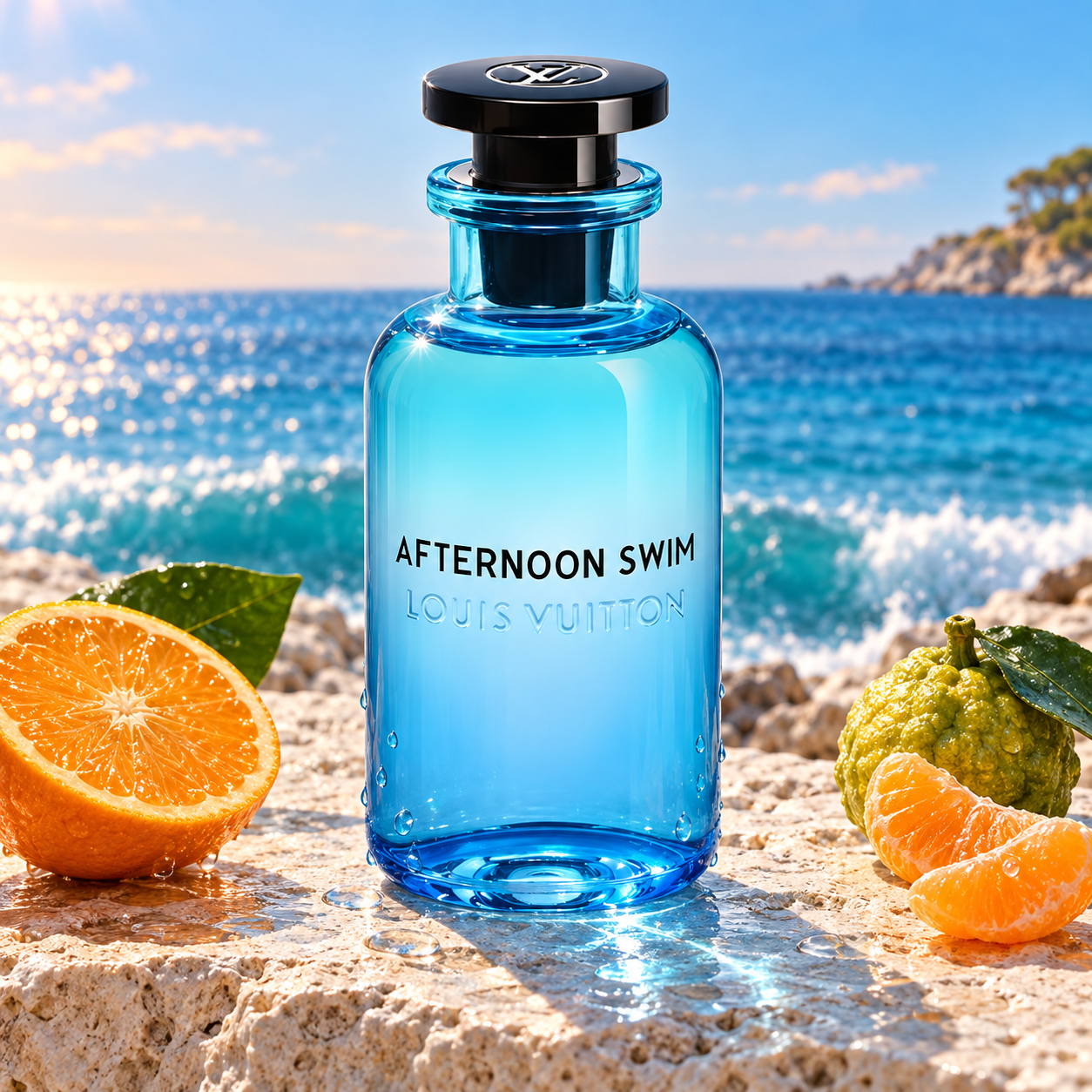 Louis Vuitton Afternoon Swim beside orange, bergamot, and mandarin segments on sunlit limestone overlooking turquoise ocean waves.