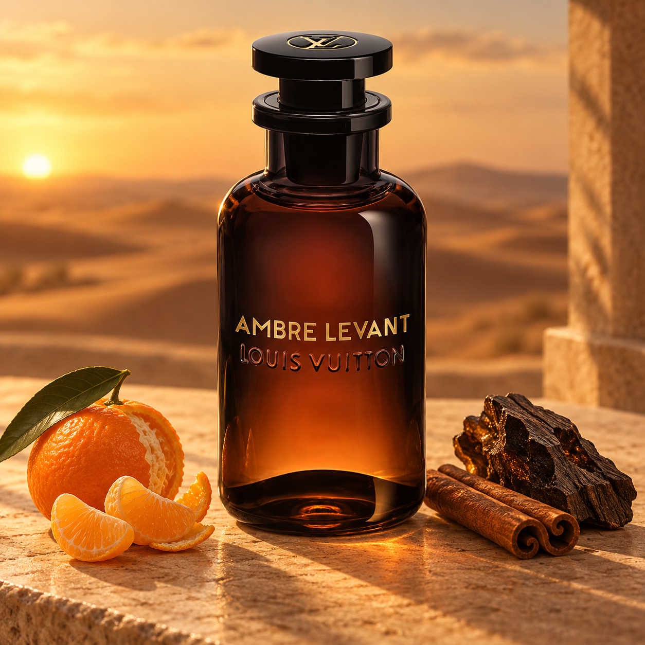 Louis Vuitton Ambre Levant on a stone terrace with mandarin, cinnamon, and oud wood against desert dunes at sunset.