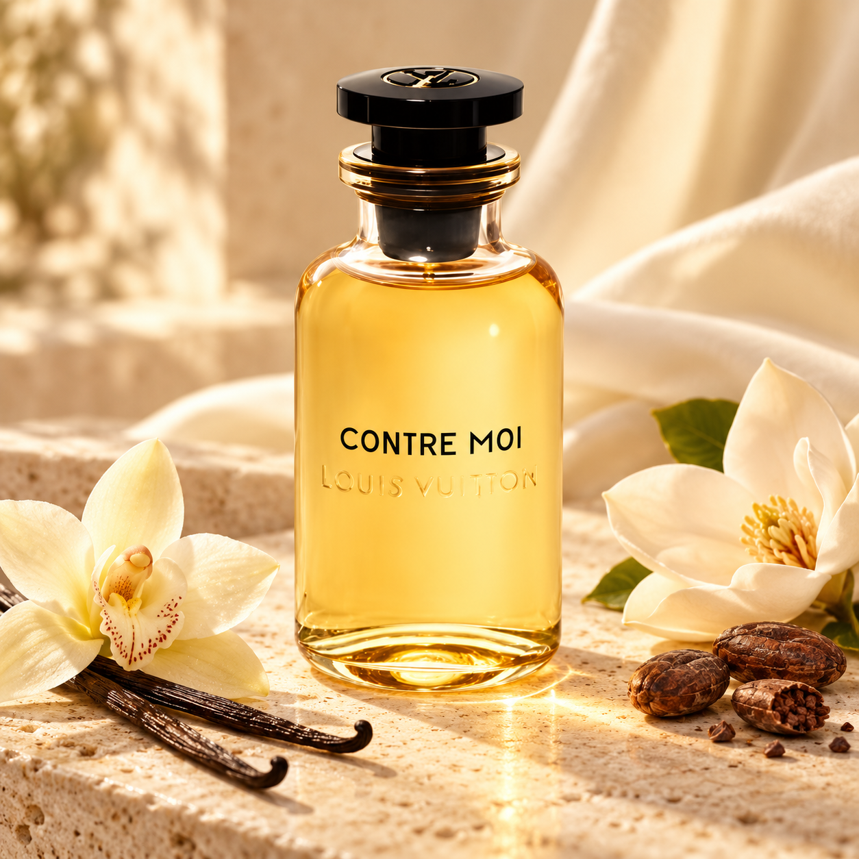 Louis Vuitton Contre Moi on sunlit stone with ivory flowers, vanilla pods, and cacao beans against cream silk.