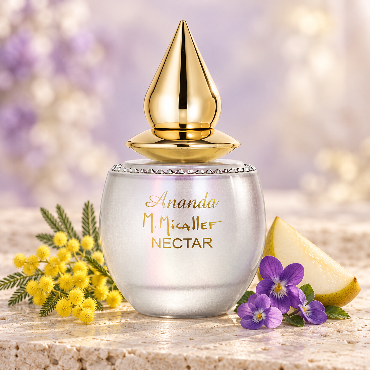 M. Micallef Ananda Nectar on ivory stone beside yellow mimosa, purple violets, and a pear wedge in soft champagne and lilac light.
