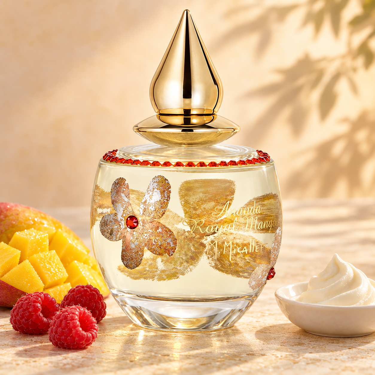 M. Micallef Ananda Royal Mango on ivory stone beside ripe mango, raspberries, and a small dish of whipped cream in warm golden light.