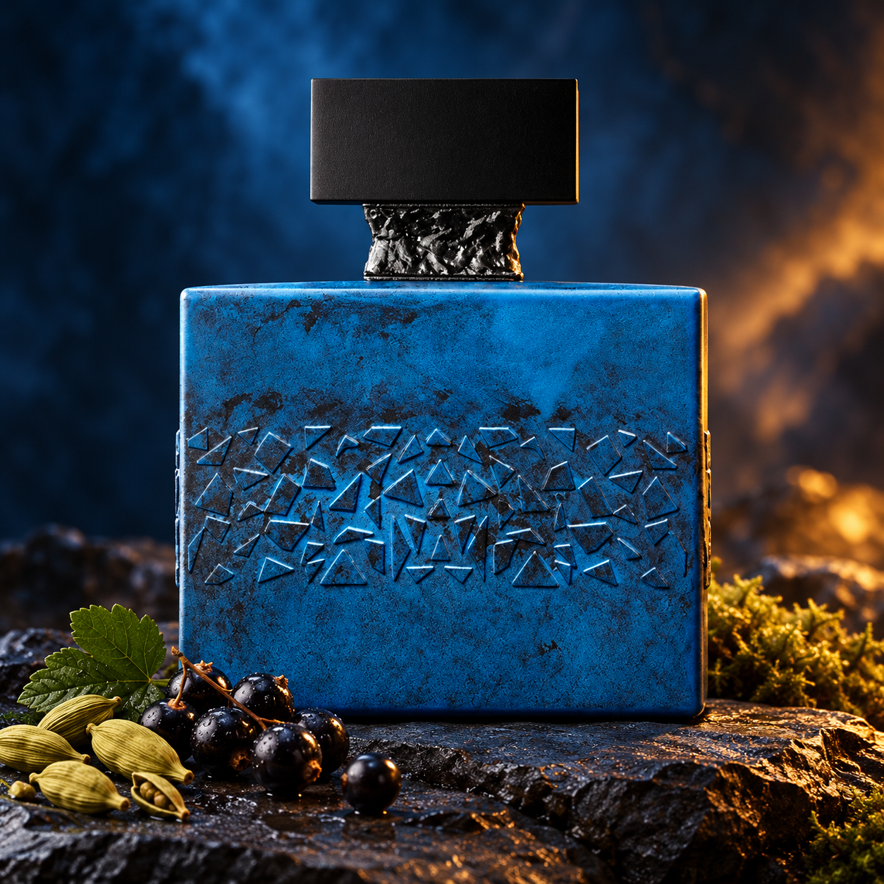 M. Micallef Desirtoxic blue bottle with cardamom, blackcurrants and moss on dark slate under blue and amber light.