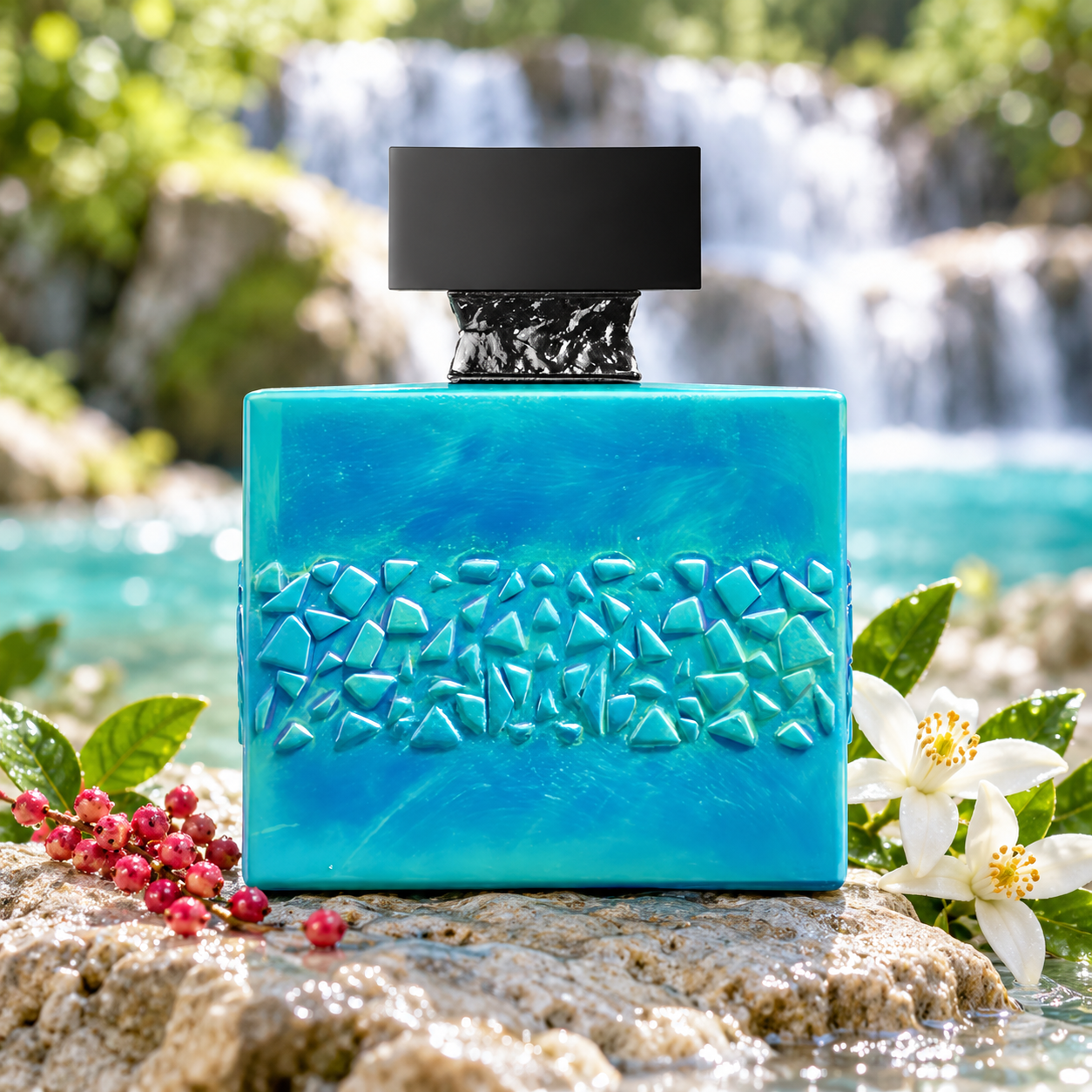 M. Micallef EdenFalls turquoise bottle with pink pepper and white blossoms on wet stone before a softly blurred waterfall.