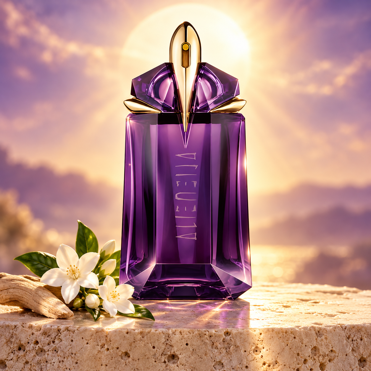 MUGLER Alien’s purple and gold bottle stands on pale stone beside white jasmine and wood, backlit by a golden solar glow.