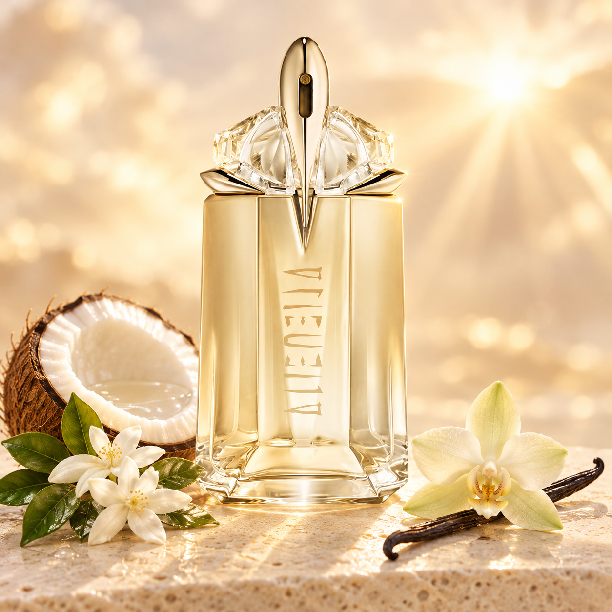MUGLER Alien Goddess’s golden bottle stands beside coconut, white jasmine, a pale orchid, and vanilla pods in warm sunlight.