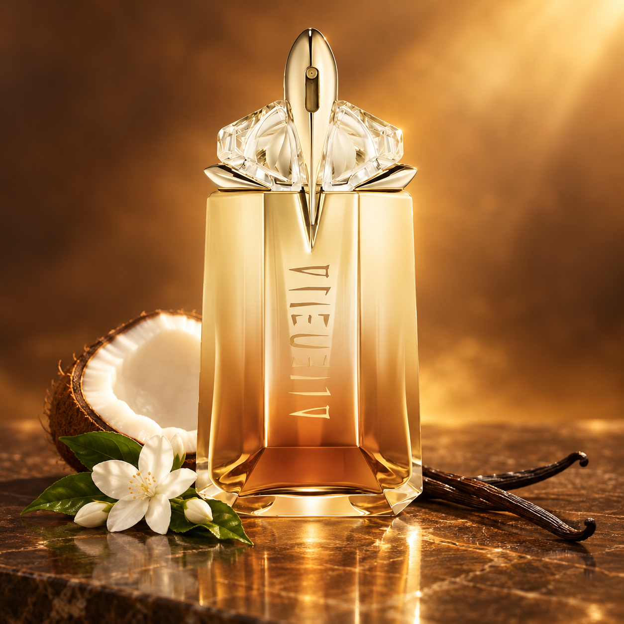 MUGLER Alien Goddess Intense’s amber and gold bottle stands beside coconut, white jasmine, and vanilla pods under warm golden light.