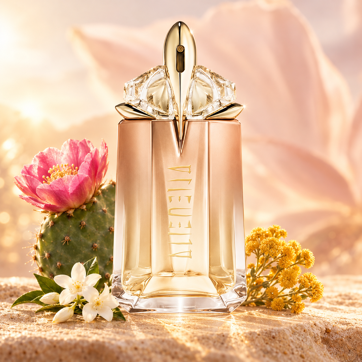MUGLER Alien Goddess Supra Florale’s peach and gold bottle stands beside a pink cactus flower, white jasmine, and golden immortelle in warm sunlight.