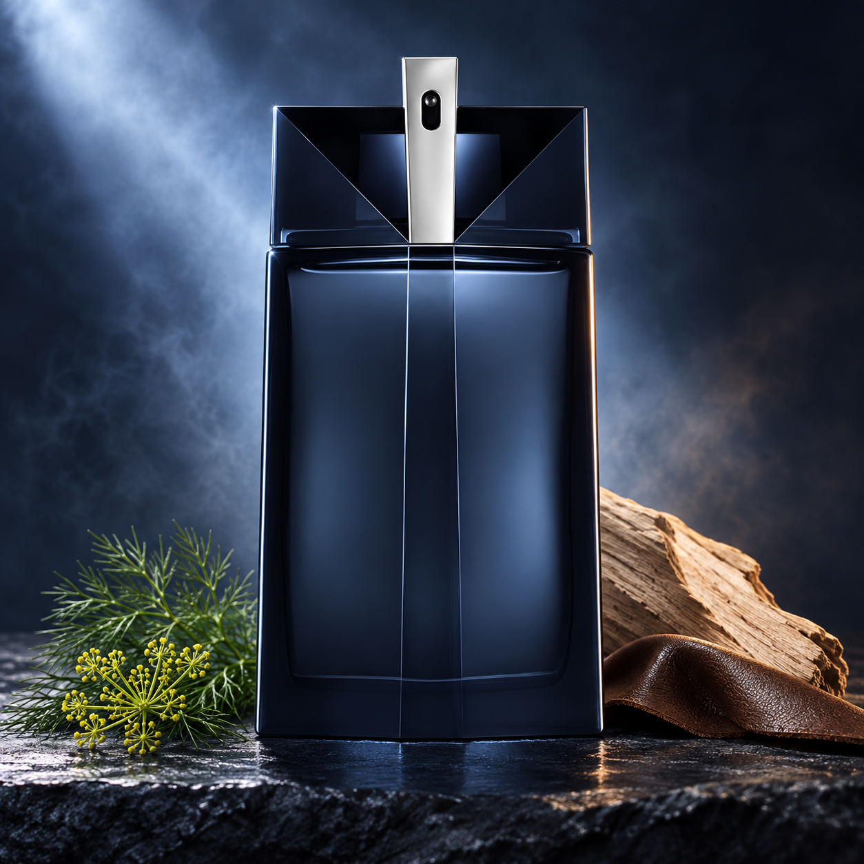 MUGLER Alien Man’s dark blue geometric bottle stands on slate beside dill, pale wood, and brown leather under cool dramatic light.