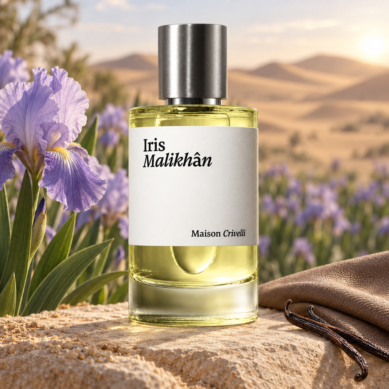 Maison Crivelli Iris Malikhân stands on sandstone beside violet irises, vanilla pods, and taupe leather, with desert dunes glowing in soft sunlight behind it.