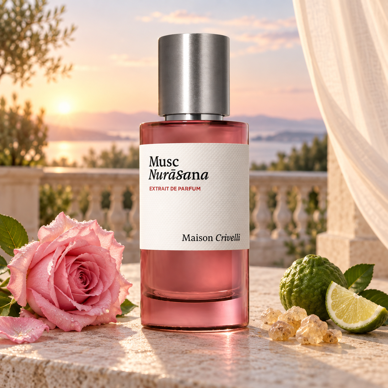 Maison Crivelli Musc Nurāsana stands beside a pink rose, bergamot, and golden incense resin on a stone terrace overlooking water at sunrise.