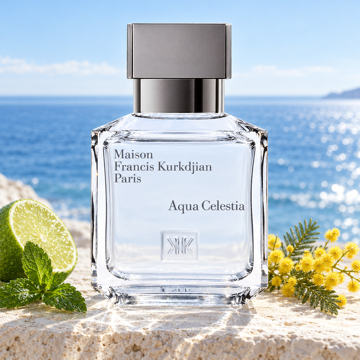 Maison Francis Kurkdjian Aqua Celestia on sunlit pale stone beside lime, fresh mint, and yellow mimosa, overlooking a calm blue sea.
