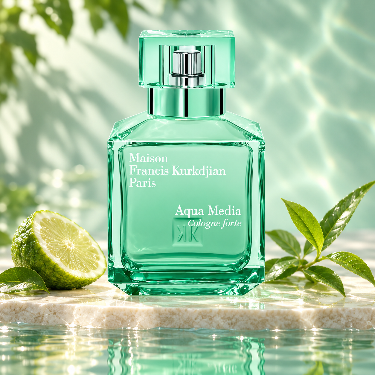 Maison Francis Kurkdjian Aqua Media Cologne forte on pale stone beside bergamot and fresh green leaves, with rippling water and soft sunlight.