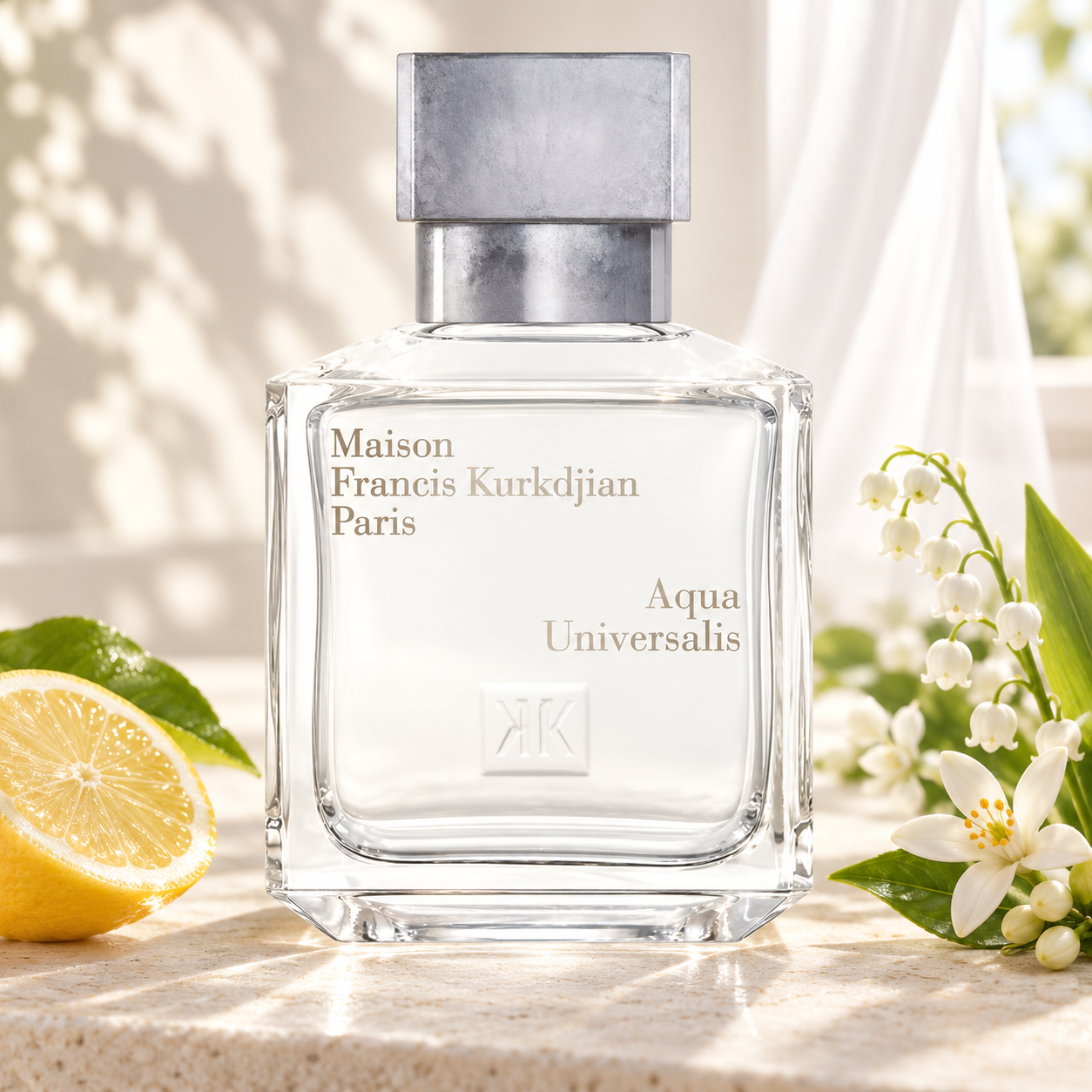 Maison Francis Kurkdjian Aqua Universalis on sunlit cream stone beside lemon, lily of the valley, and orange blossoms, with a sheer white curtain behind it.